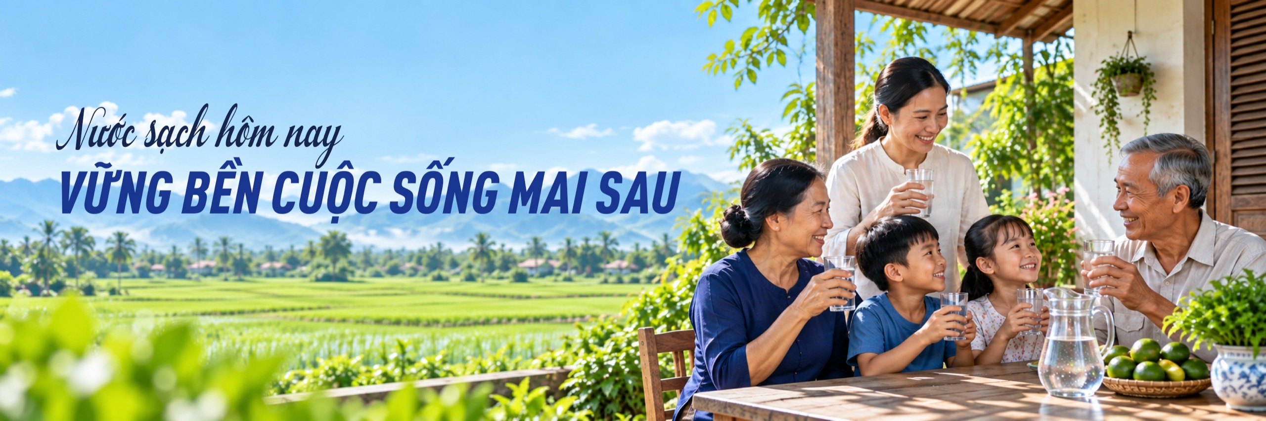 Nước sạch hôm nay, vững bền cuộc sống mai sau — NAWARUCO mang nguồn nước an toàn, trong lành đến từng gia đình nông thôn. Ảnh: gia đình ba thế hệ uống nước bên hiên nhà.