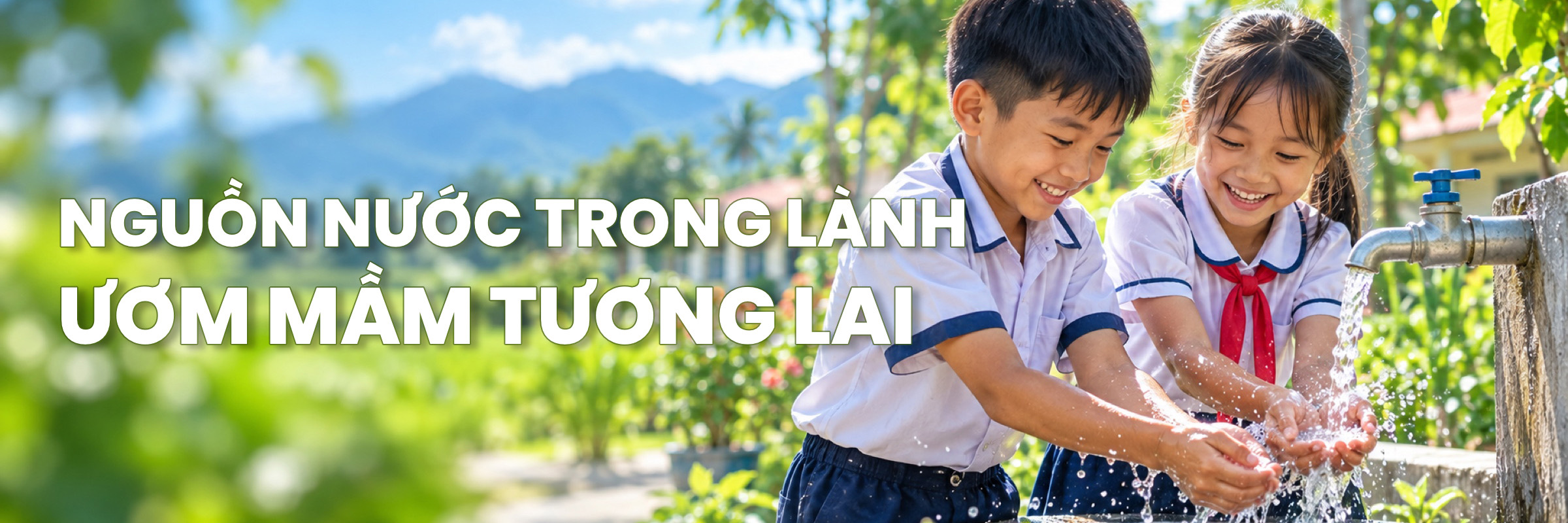 Nguồn nước trong lành, ươm mầm tương lai — Nước sạch bảo vệ sức khoẻ trẻ em và kiến tạo môi trường sống an toàn, tươi sáng. Ảnh: hai em nhỏ rửa tay bên vòi nước.
