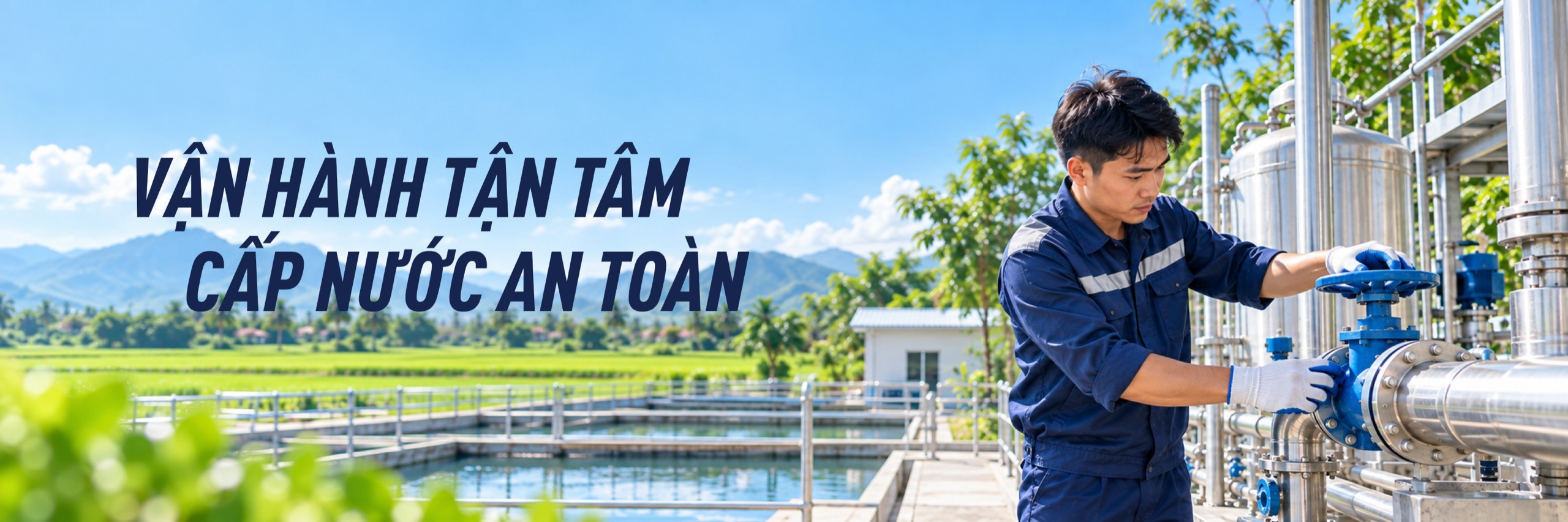 Vận hành tận tâm, cấp nước an toàn — Hệ thống được giám sát thường xuyên, bảo đảm nguồn nước ổn định và đạt chất lượng. Ảnh: kỹ thuật viên kiểm tra thiết bị tại trạm cấp nước.