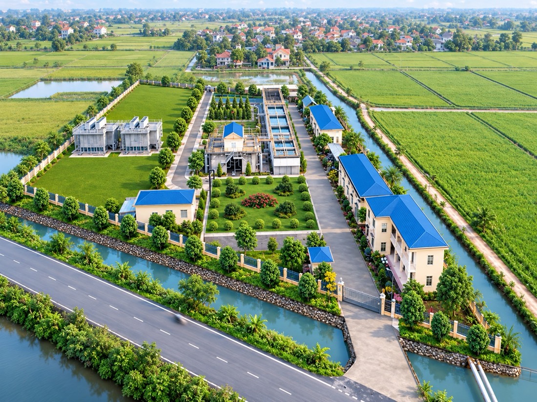 Phối cảnh mô hình 3D khuôn viên nhà máy cấp nước, gồm khu xử lý, các tòa nhà mái xanh, sân vườn và hệ thống kênh bao quanh.